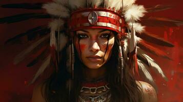 lindo vermelho indiano mulher com ampla americano indiano pena fundo foto