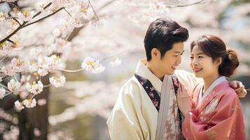 retrato do uma jovem casal dentro yukata em pé juntos debaixo a cereja Flor árvore. foto