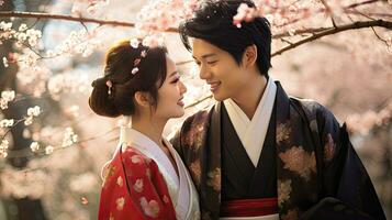 retrato do uma jovem casal dentro yukata em pé juntos debaixo a cereja Flor árvore. foto