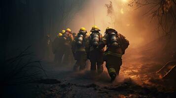 fechar-se do bombeiros vestindo máscaras. luta incêndios florestais Como clima mudança e global aquecimento dirigir incêndios tendências por aí a mundo foto