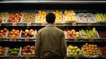 jovem homem compras, colocando fruta para dentro cestas dentro uma ampla moderno supermercado para Comprar Comida. foto