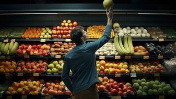 jovem homem compras, colocando fruta para dentro cestas dentro uma ampla moderno supermercado para Comprar Comida. foto