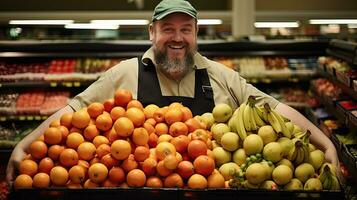 jovem homem compras, colocando fruta para dentro cestas dentro uma ampla moderno supermercado para Comprar Comida. foto