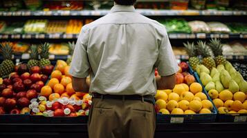 jovem homem compras, colocando fruta para dentro cestas dentro uma ampla moderno supermercado para Comprar Comida. foto