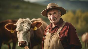 maduro masculino agricultor sorrisos orgulhosamente para dentro Câmera às dele trabalhos em uma rural Fazenda com vacas. foto