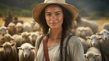 lindo jovem mulher dentro chapéu em pé feliz sorridente em ovelha Fazenda dentro lindo campo natureza, fêmea trabalhador dentro ovelha Fazenda foto