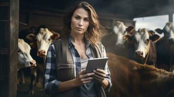 feliz fêmea agricultor em pé com vacas às a gado fazenda.feminina agricultor levantando vacas foto
