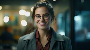 lindo mulher, homem de negocios feliz pessoa vestindo óculos e olhando às Câmera fechar-se do sorridente mulher face bem sucedido mulher foto