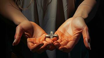 mulher mãos com uma Cruz. fé. cristandade. religião. igreja. Cruz. foto