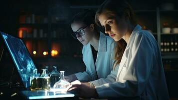 dois fêmea cientistas estão usando laptops dentro a laboratório. foto