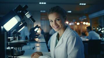 inteligente lindo mulher trabalhando dentro uma laboratório usar laboratório equipamento, conduta experimentos, estude teste amostras. feliz fêmea cientista olhando às Câmera foto