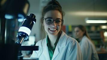 inteligente lindo mulher trabalhando dentro uma laboratório usar laboratório equipamento, conduta experimentos, estude teste amostras. feliz fêmea cientista olhando às Câmera foto