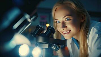 inteligente lindo mulher trabalhando dentro uma laboratório usar laboratório equipamento, conduta experimentos, estude teste amostras. feliz fêmea cientista olhando às Câmera foto