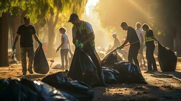 voluntário equipe com lixo bolsas limpeza a parque, porcos, voluntário equipe O amor é a meio Ambiente foto
