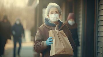 idosos mulher segurando plástico saco olhando às Câmera, idosos mulher vestindo mascarar colecionar reciclável Lixo foto