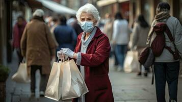 idosos mulher segurando plástico saco olhando às Câmera, idosos mulher vestindo mascarar colecionar reciclável Lixo foto