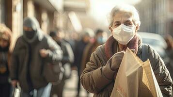 idosos mulher segurando plástico saco olhando às Câmera, idosos mulher vestindo mascarar colecionar reciclável Lixo foto