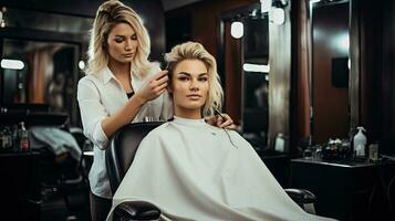 beleza salão, fêmea cabeleireiro fazendo Penteado para jovem mulher, morena modelo dentro cabelo salão foto