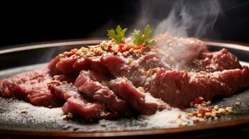 japonês carne em mostrar, fechar-se do envelhecido a seco e grelhado wagyu carne bife em uma rústico de madeira corte borda. foto