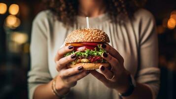 fêmea mão com delicioso hamburguer às hamburguer fazer compras foto