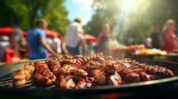 família grupo festa ao ar livre foco em grelhar Comida dentro público jardins. espaço para texto foto