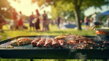 família grupo festa ao ar livre foco em grelhar Comida dentro público jardins. espaço para texto foto