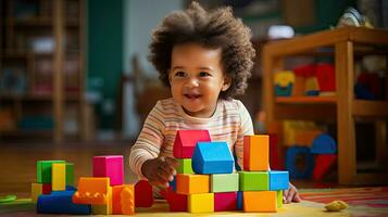fofa pequeno africano americano criança Aprendendo jogando com de madeira blocos dentro a casa foto