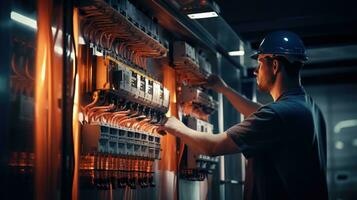 eletricista engenheiro com plano para Verifica elétrico fornecem dentro frente do ao controle fusível quadro de distribuição foto