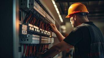 eletricista engenheiro com plano para Verifica elétrico fornecem dentro frente do ao controle fusível quadro de distribuição foto