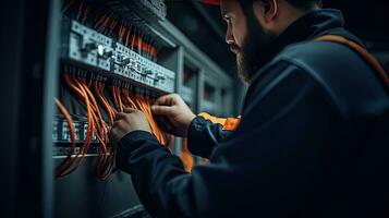 eletricista engenheiro com plano para Verifica elétrico fornecem dentro frente do ao controle fusível quadro de distribuição foto