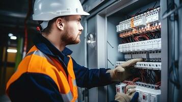 eletricista engenheiro com plano para Verifica elétrico fornecem dentro frente do ao controle fusível quadro de distribuição foto