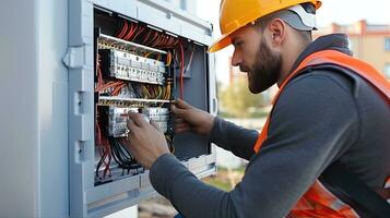 eletricista engenheiro com plano para Verifica elétrico fornecem dentro frente do ao controle fusível quadro de distribuição foto