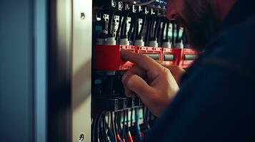 eletricista engenheiro com plano para Verifica elétrico fornecem dentro frente do ao controle fusível quadro de distribuição foto