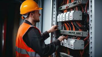 eletricista engenheiro com plano para Verifica elétrico fornecem dentro frente do ao controle fusível quadro de distribuição foto