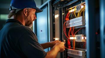 eletricista engenheiro com plano para Verifica elétrico fornecem dentro frente do ao controle fusível quadro de distribuição foto