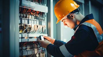 eletricista engenheiro com plano para Verifica elétrico fornecem dentro frente do ao controle fusível quadro de distribuição foto