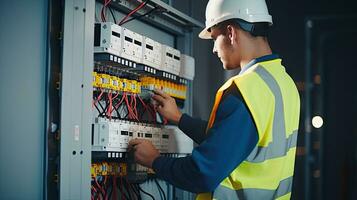 eletricista engenheiro com plano para Verifica elétrico fornecem dentro frente do ao controle fusível quadro de distribuição foto