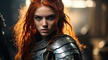 lindo fêmea Guerreiro dentro medieval metal armaduras com espada. fada conto histórias sobre guerreiros, filme tom foto