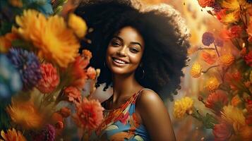 beleza do uma lindo africano mulher com uma fundo do colorida flores foto