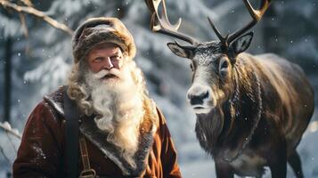 santa claus é perto dele rena dentro a Nevado floresta foto