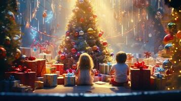 feliz Novo ano 2024, lindo Natal presente caixa com vermelho fita e pinho cone em mesa perto árvore, espaço para texto foto