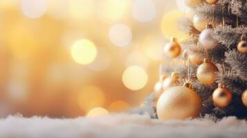 dourado Natal bola do desfocado luzes com decorado árvore feliz Novo ano 2024 lá é espaço para entrar texto. foto