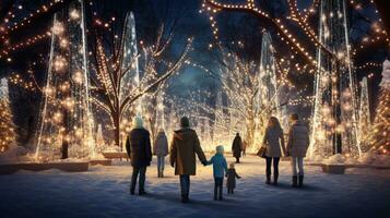 família, pais e crianças dentro uma lindo inverno jardim com Natal luzes em a árvores dentro a tarde foto