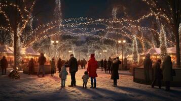 família, pais e crianças dentro uma lindo inverno jardim com Natal luzes em a árvores dentro a tarde foto