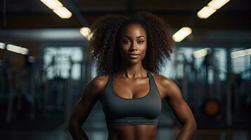 Preto mulher fitness, lindo Afro-Americano mulher com encaracolado cabelo dentro a Academia africano ginástica mulher às saúde clube foto