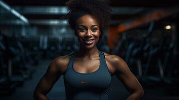 Preto mulher fitness, lindo Afro-Americano mulher com encaracolado cabelo dentro a Academia africano ginástica mulher às saúde clube foto