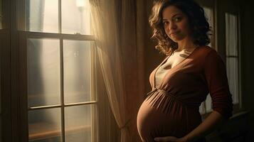 uma grávida mulher ficou sorridente dentro a canto do a janela com luz transmissão através a janela. foto