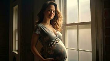 uma grávida mulher ficou sorridente dentro a canto do a janela com luz transmissão através a janela. foto