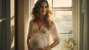 uma grávida mulher ficou sorridente dentro a canto do a janela com luz transmissão através a janela. foto