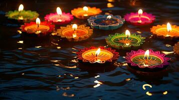 óleo lâmpadas aceso em colorida rangoli durante diwali celebração colorida argila diya lâmpadas com flores foto